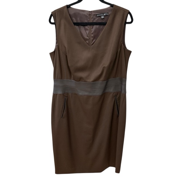 Lafayette 148 New York Brown Wool & Leather Sleeveless Fit & Flare Midi Dress - Picture 3 of 8